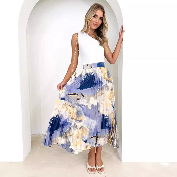 Damer Elegant Plisserte Skjørt med Blomsterdesign og Elastisk Liv