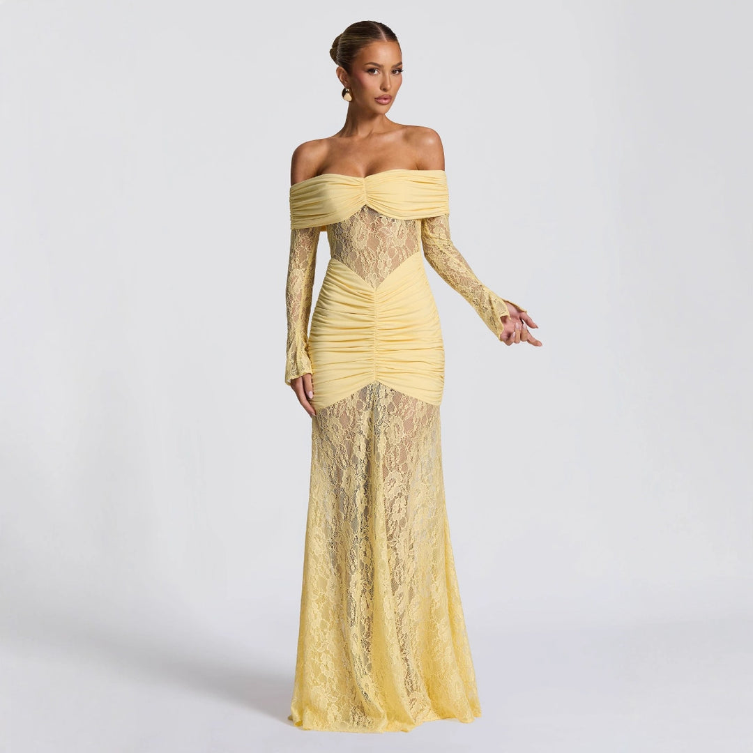 Damer elegant spissenkjole med off-shoulder utringning og rynker Skjora
