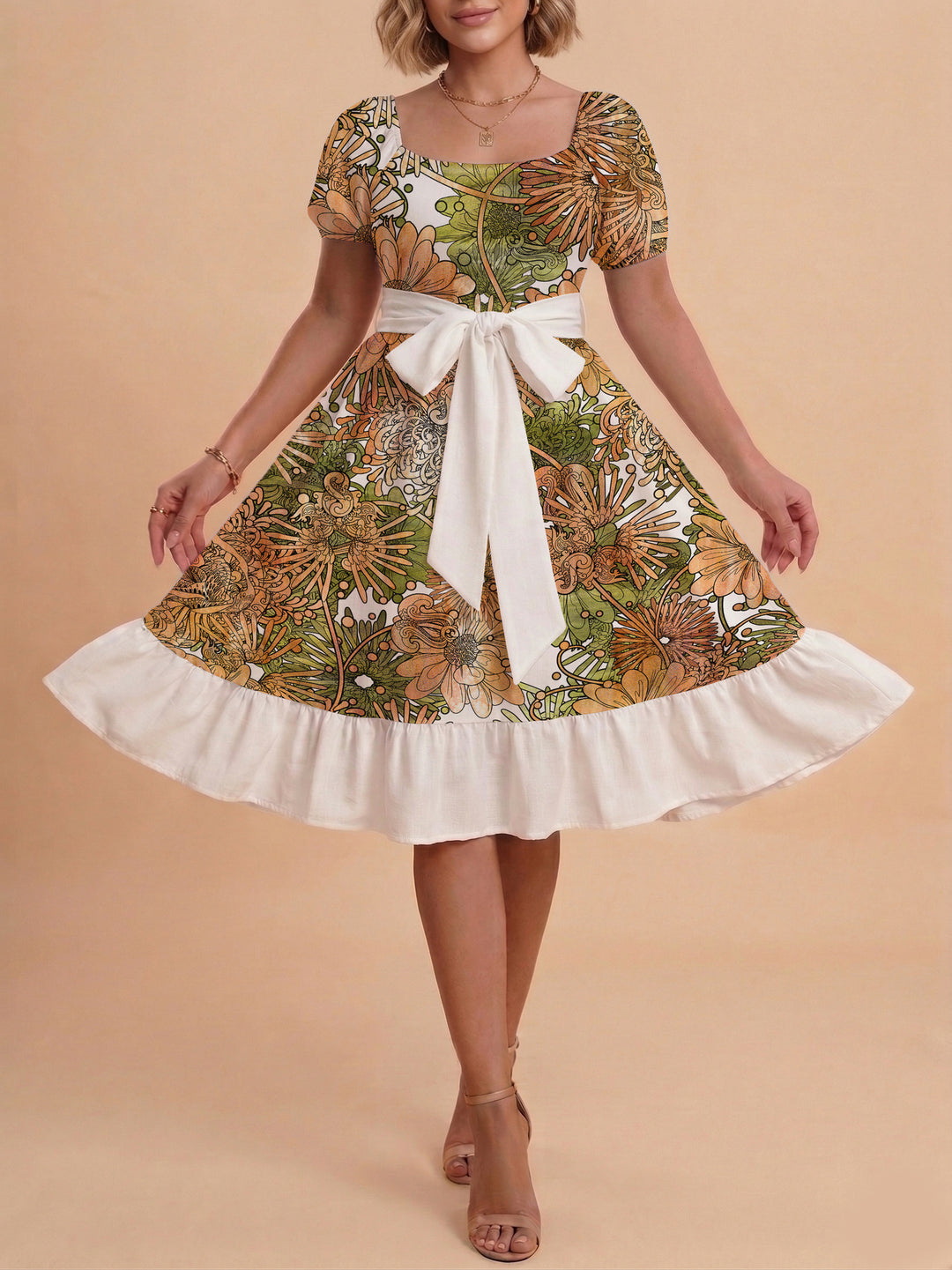 Damen modernes Blumenkleid mit elegantem Taillengürtel und asymmetrischem Saum Skjora