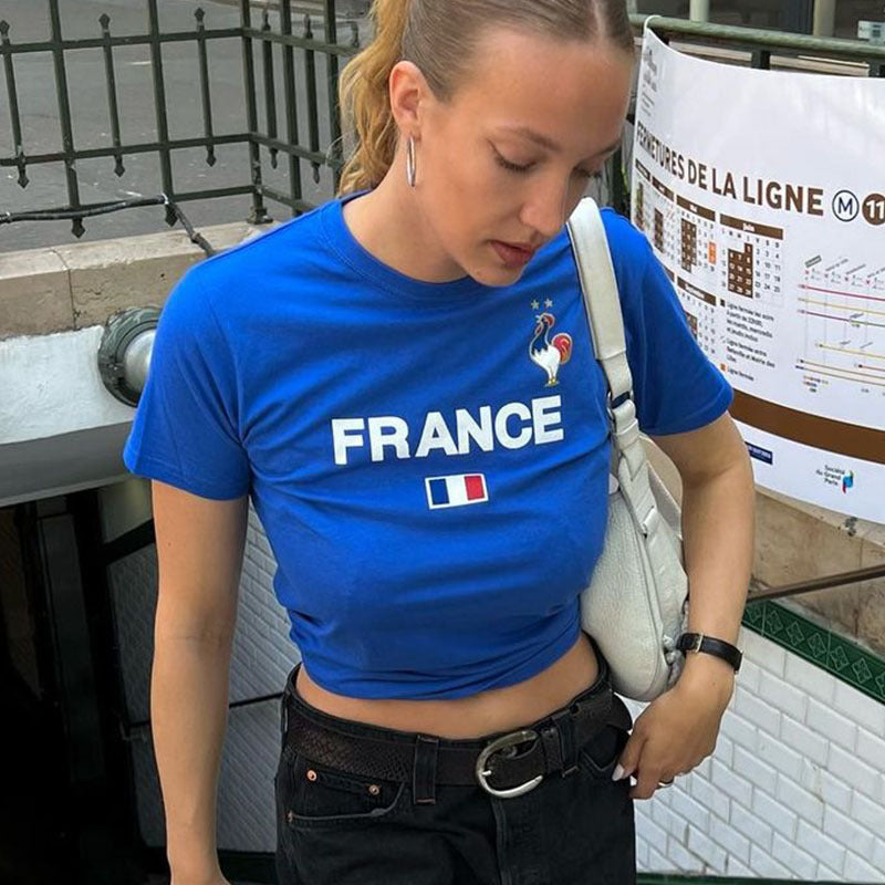 Dame trendy crop T-skjorte med fransk nasjonalmotiv Skjora