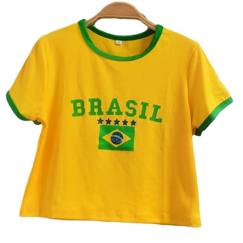Women's casual short-sleeved shirt with creative Brazil motif and contrasting colored sleeves Skjora