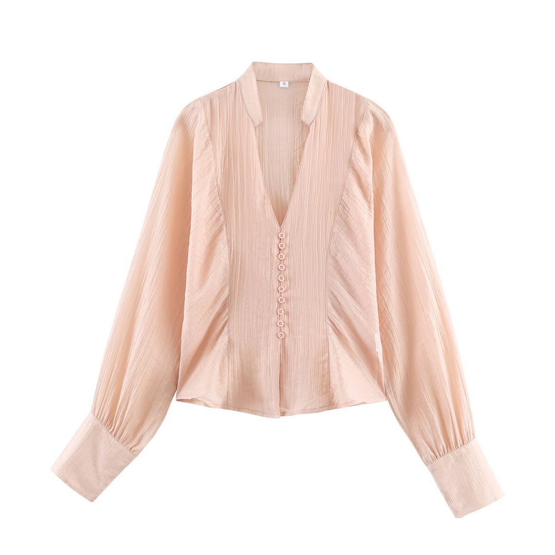 Damer elegant bluse med dyp V-hals og strukturerte ermer Skjora