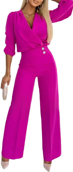 Kvinne elegant jumpsuit med omslagstopp og høyt liv ben Skjora