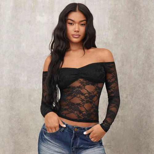 Dame Off-Shoulder Spissen topp med lange ermer og romantiske detaljer Skjora