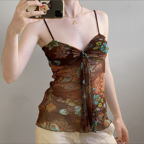 Dame blomstermønster spaghetti-stropp topp med flytende design Skjora