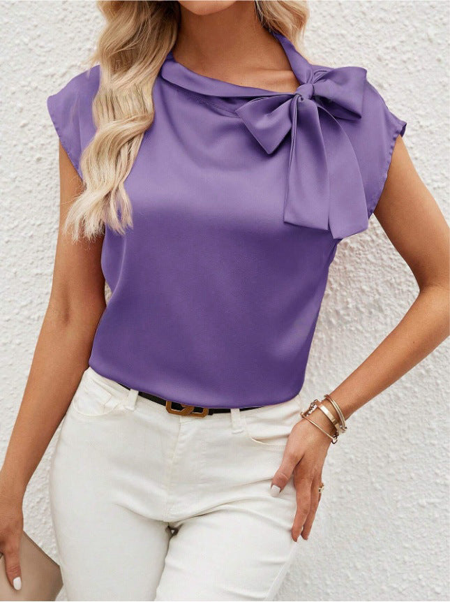 Dame Elegant Satengbluse med Sløyfedetalj Skjora