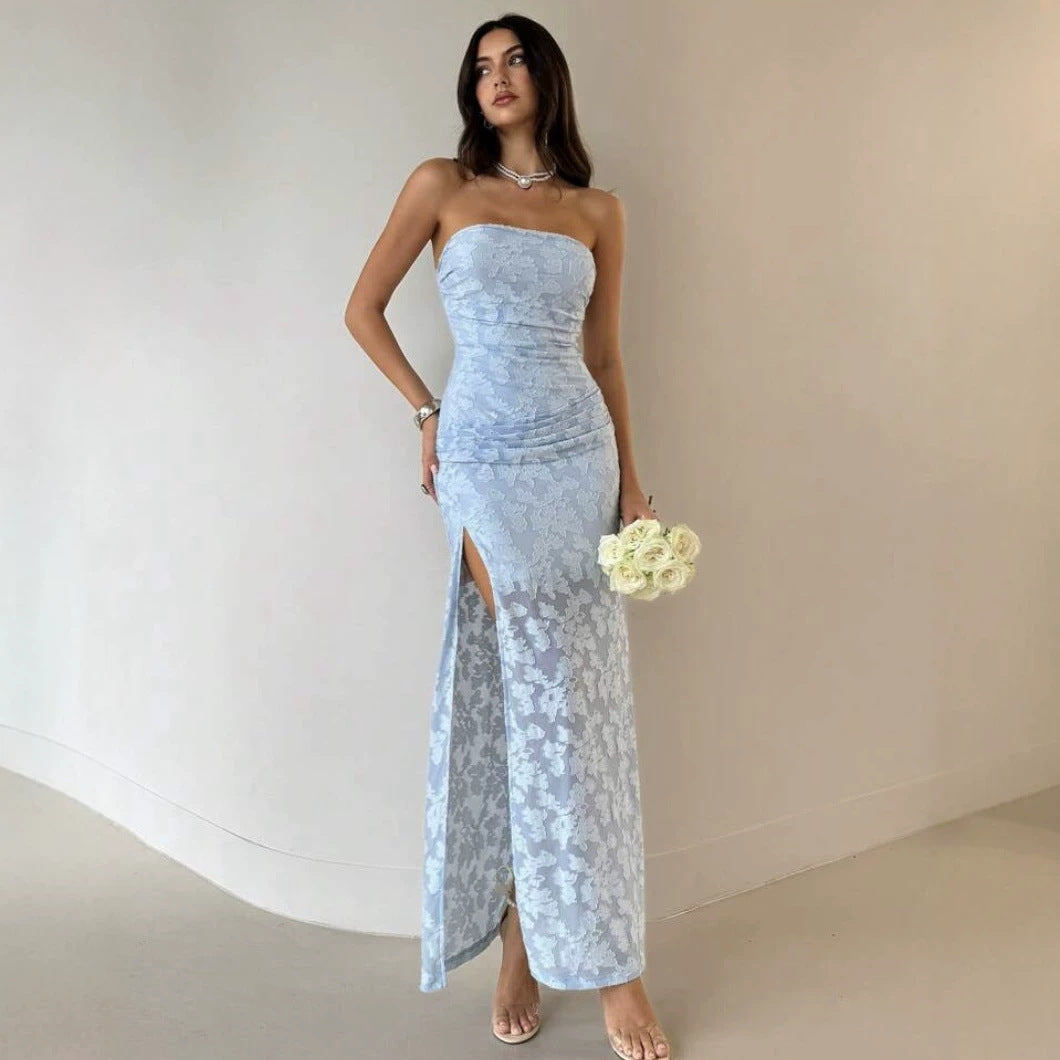 Dame Elegant Maxikjole med blomsterdesign og høy splitt Skjora