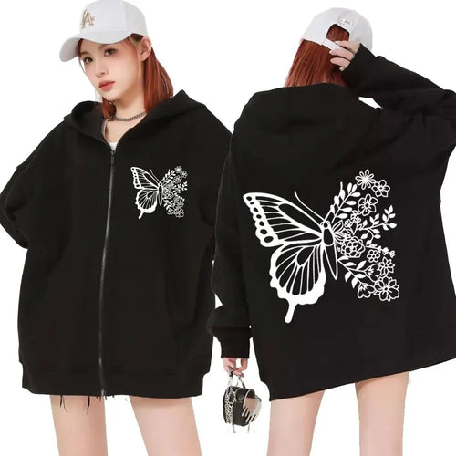 Dame hoodie med blomster sommerfuglmotiv og praktisk kengurulomme Skjora