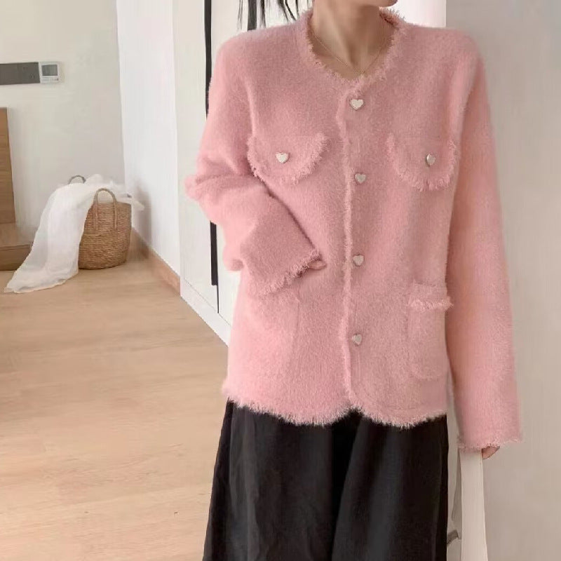 Kvinne Fluffy Kardigan med Hjerte Detaljer Skjora