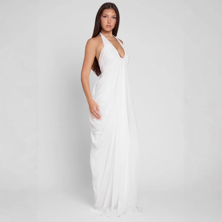 Dame Elegant Maxikjole med dyp V-hals og flytende drapering Skjora