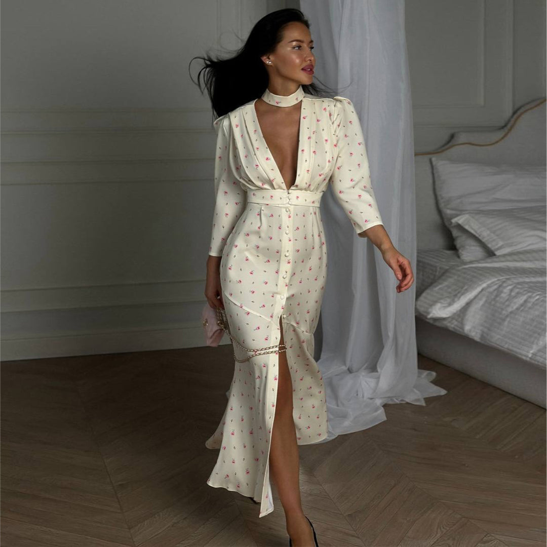 Kvinne maxi kjole med elegant V-hals og trendy knappedesign