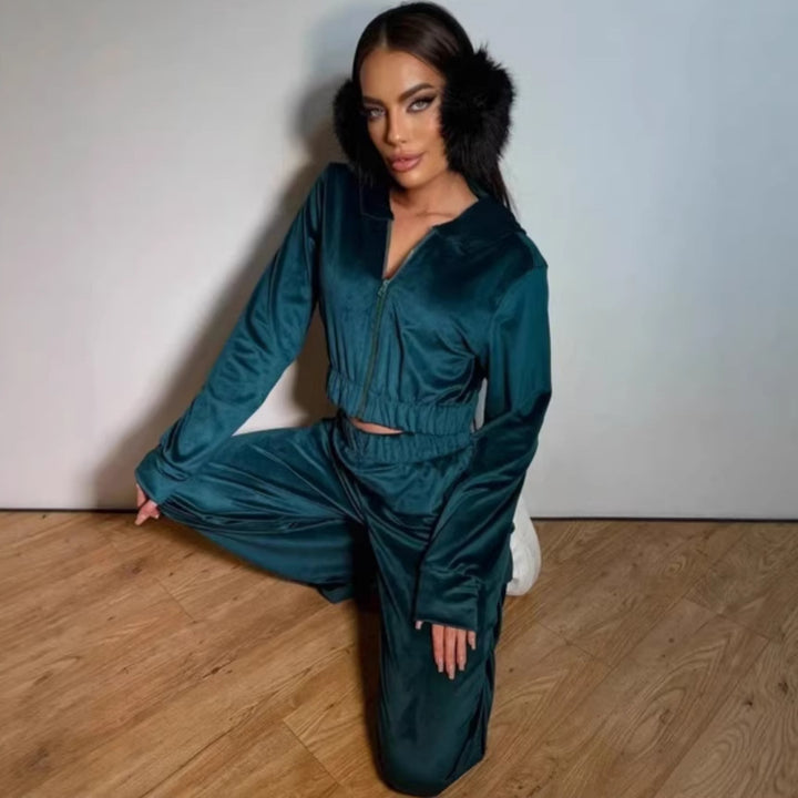 Kvinners sporty velour loungewear-set med hette og elastisk midjebånd Skjora