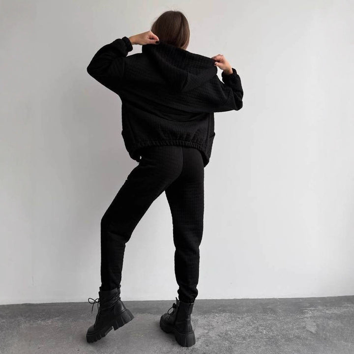 Kvinners komfortable loungewear-sett med teksturert topp og elastisk midjebånd Skjora