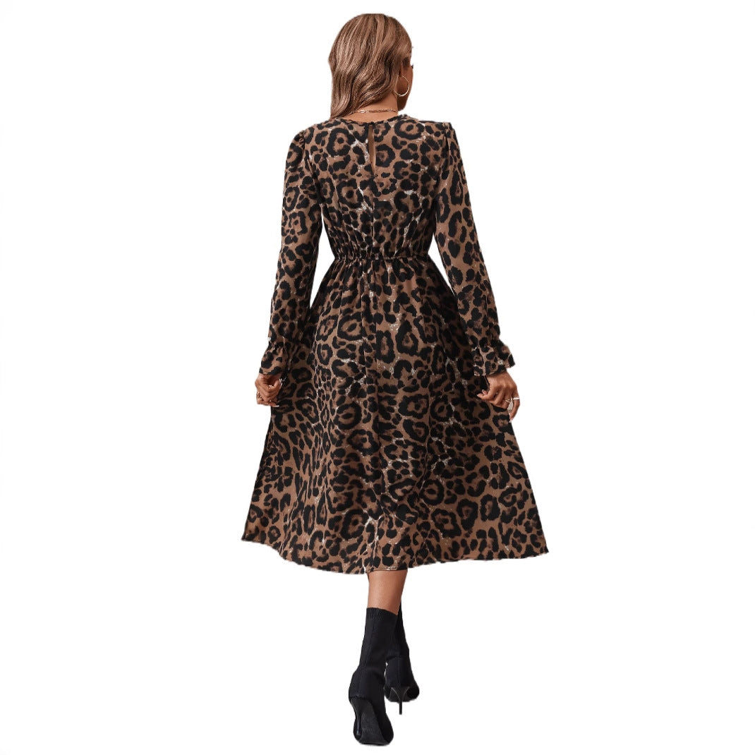 Dame elegant Maxikjole med moderne leopardmønster og nostalgiske puff-ermer Skjora