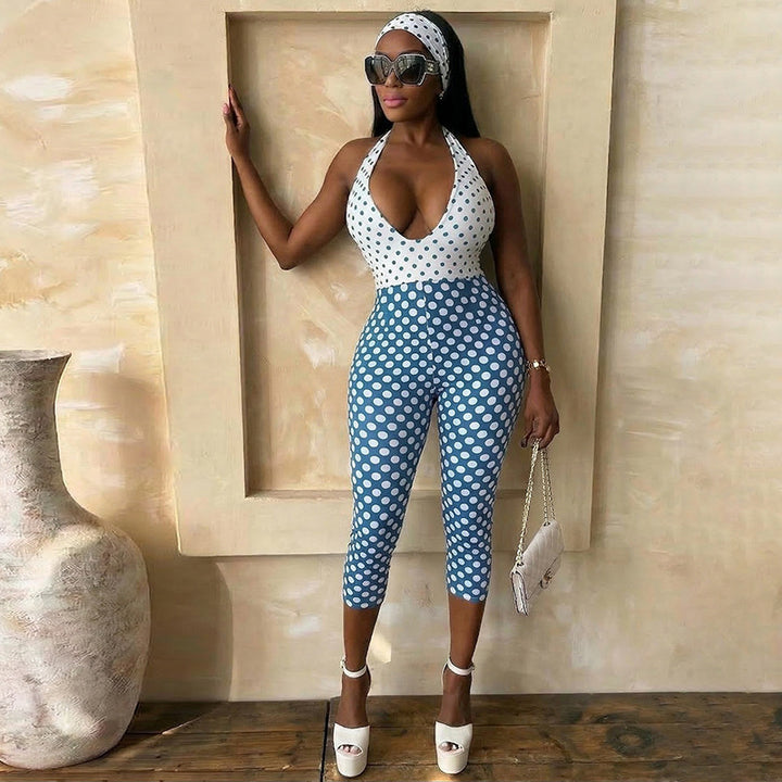 Dame Polka-Dot Jumpsuit med dyp V-hals og elastisk materiale Skjora