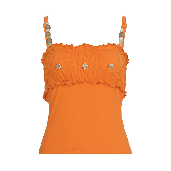 Dame stroppe topp med elastisk volangdetalj og stilige knapper Skjora