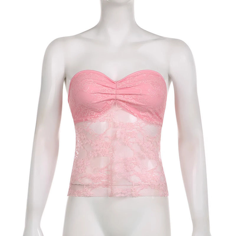 Dame blonde-crop-top med elegant ruffling og transparente detaljer Skjora