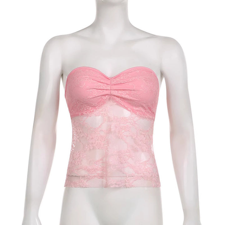 Dame blonde-crop-top med elegant ruffling og transparente detaljer Skjora