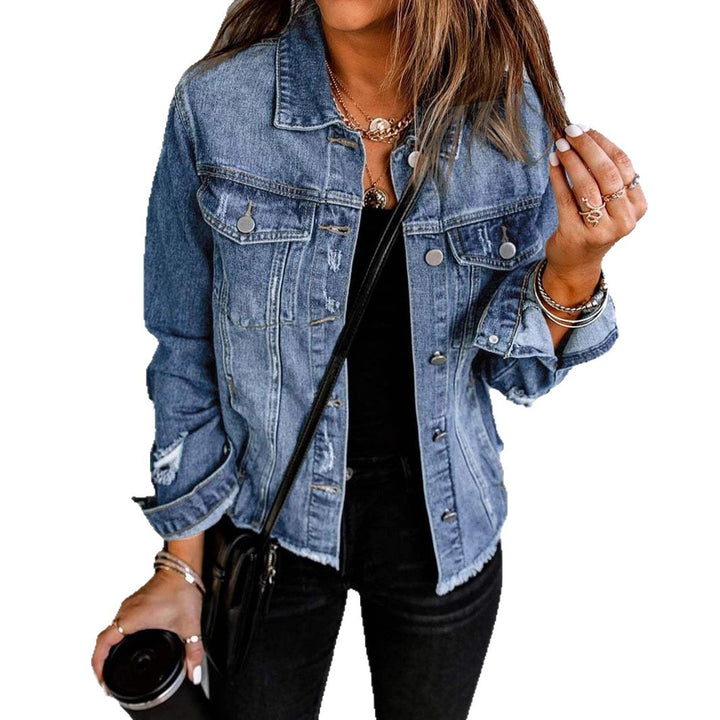 Dames casual denimjakke med slitt detaljer og klassisk snitt Skjora