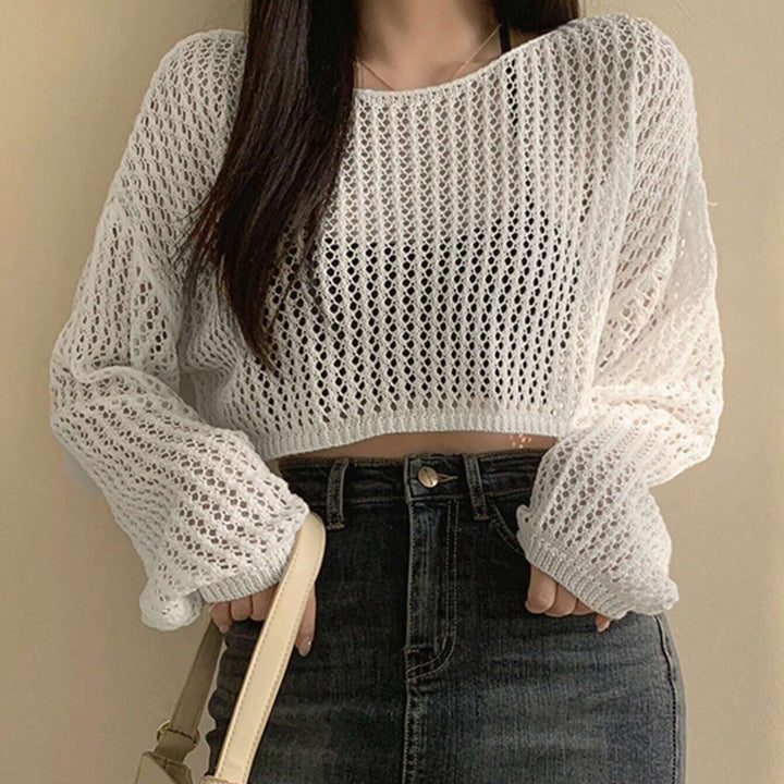 Dame luftig cropped strikket topp i moderne nett-design Skjora