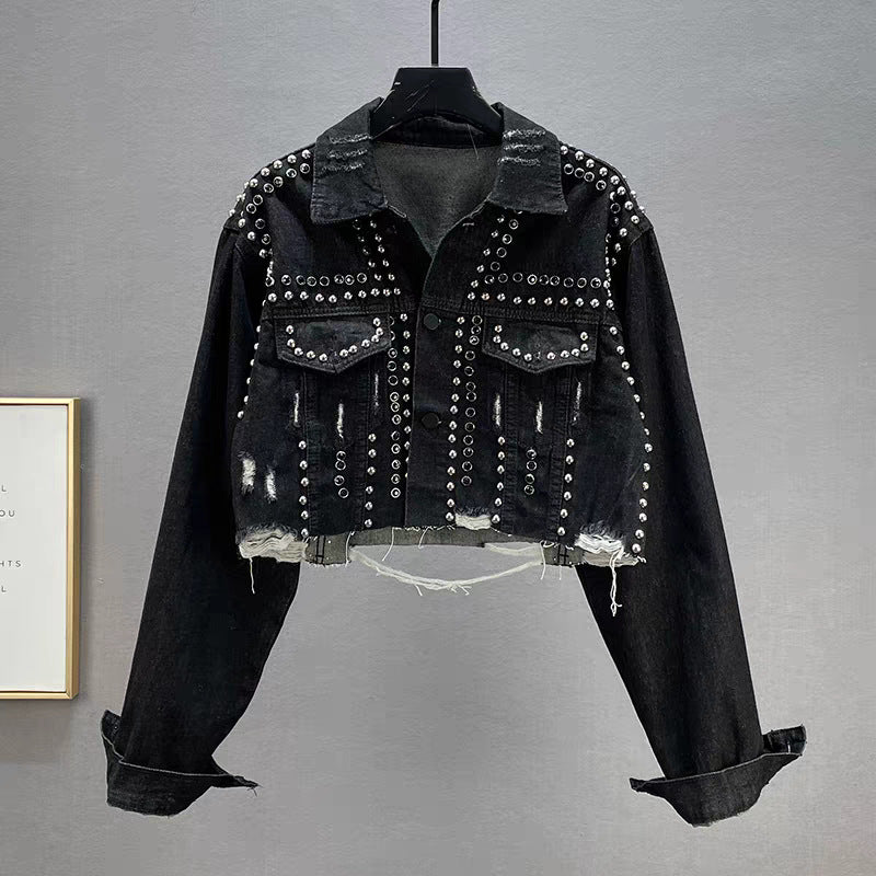 Damer Designer Denim Jakke med Nitter og Frynser Skjora