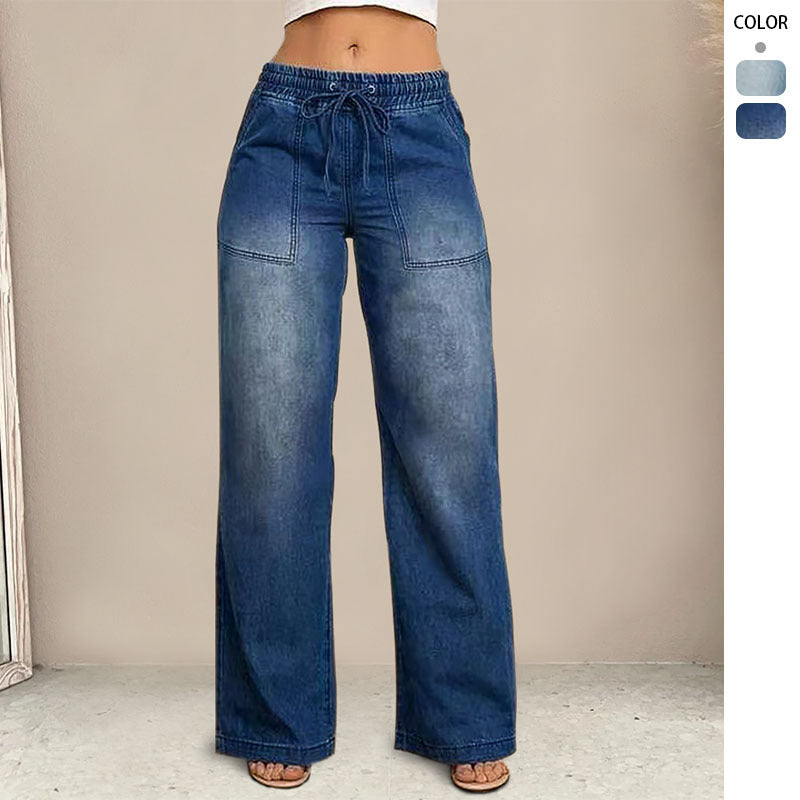Kvinners vidde jeans med elastisk midje og trendy brukt utseende