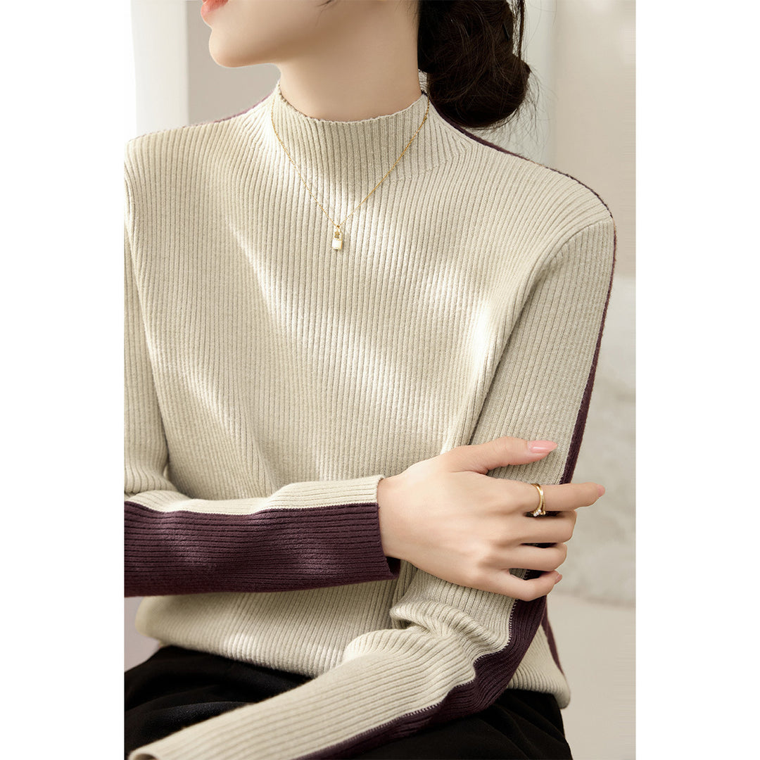 Kvinne elegant polo genser med strukturert ribbestrikket design og kontrasterende ermer Skjora