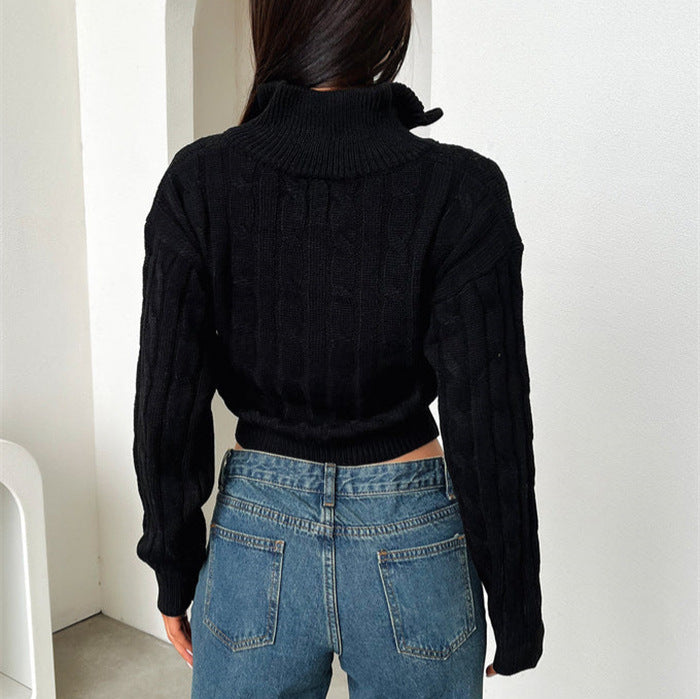 Kvinne Fashion Kuttet Genser med Glidelås og Strikk Detaljer Skjora