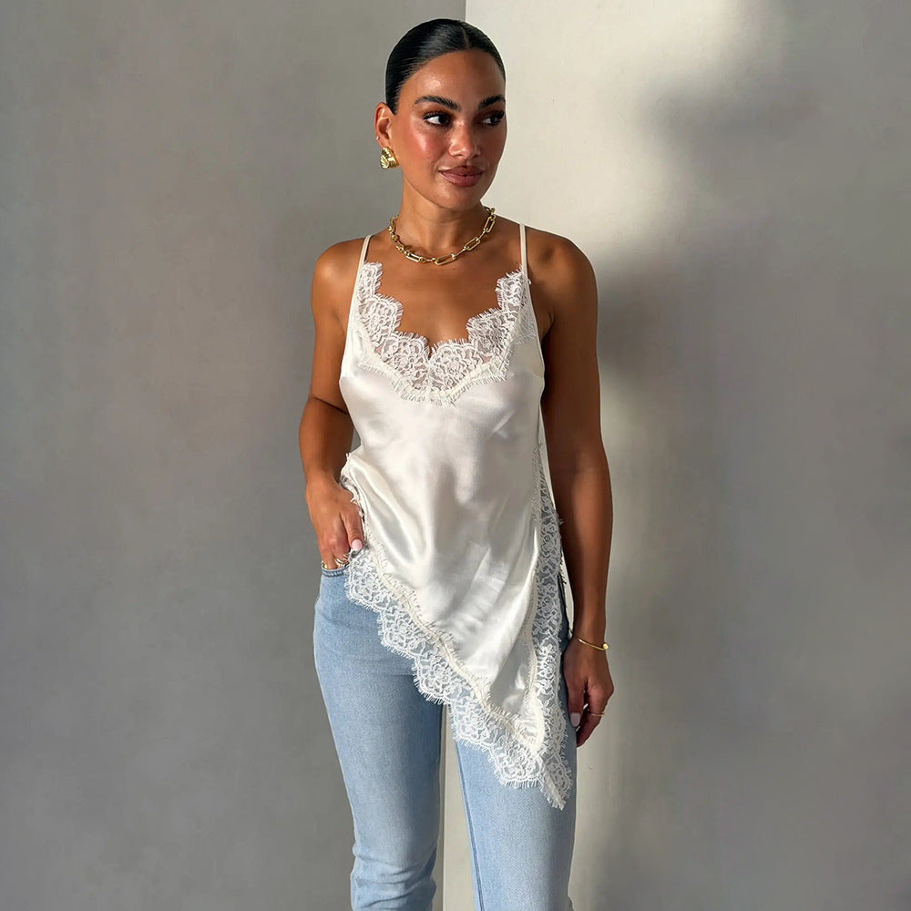 Dame Satin Topp med blondedetaljer Skjora