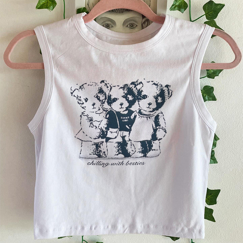 Dame tanktop med søtt bjørnemotiv og ribbestruktur Skjora
