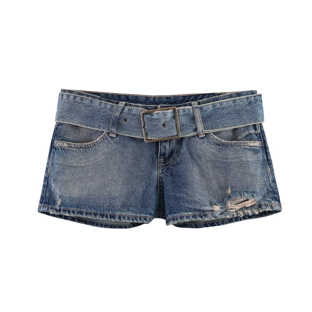Dame moteriktig Destroyed Denim-Shorts med justerbart belte Skjora