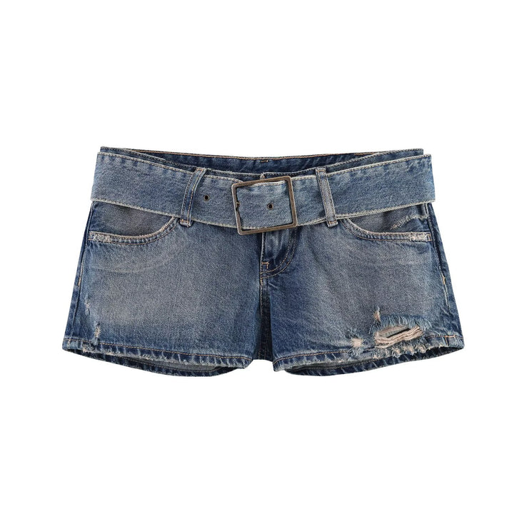 Dame moteriktig Destroyed Denim-Shorts med justerbart belte Skjora