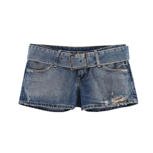 Dame moteriktig Destroyed Denim-Shorts med justerbart belte Skjora