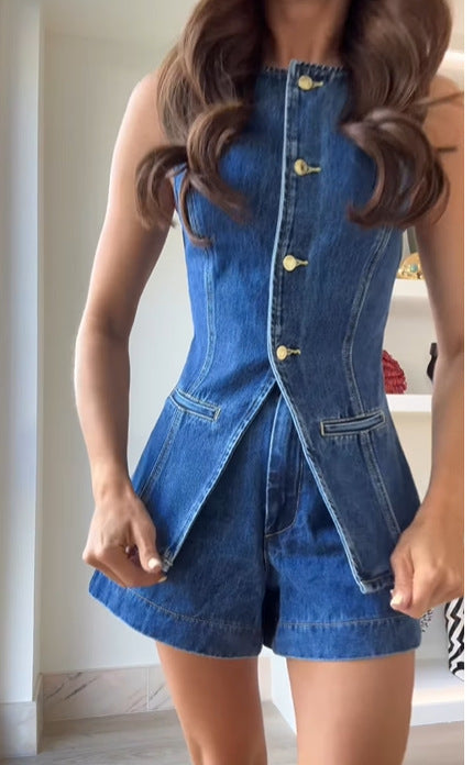 Dame Denim Overall med stilig snitt og knappdetaljer Skjora