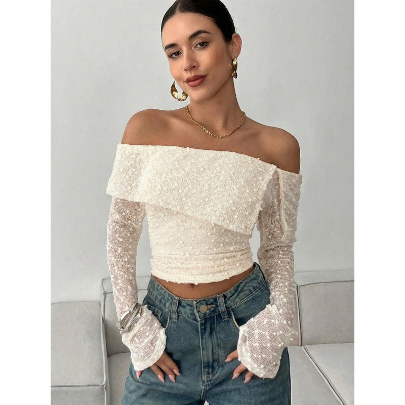 Dame Off-Shoulder topp med elegante volangdetaljer og lange ermer Skjora