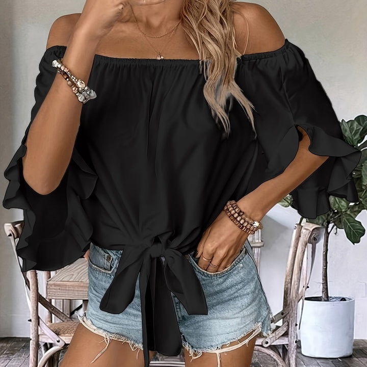 Dame Off-Shoulder-bluse med volangdetaljer og midjebinding Skjora