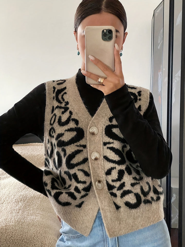 Damer strikket vest med elegant leopardmønster og høy kvalitet knapper Skjora