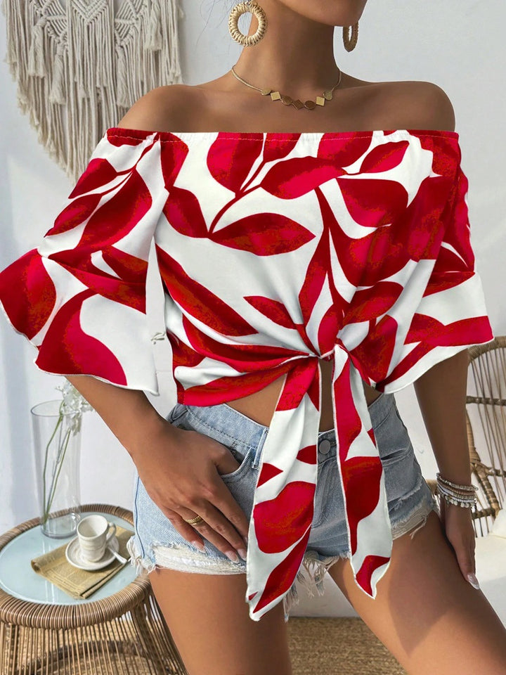 Dame Off-Shoulder Bluse med floralt mønster og justerbar knute Skjora