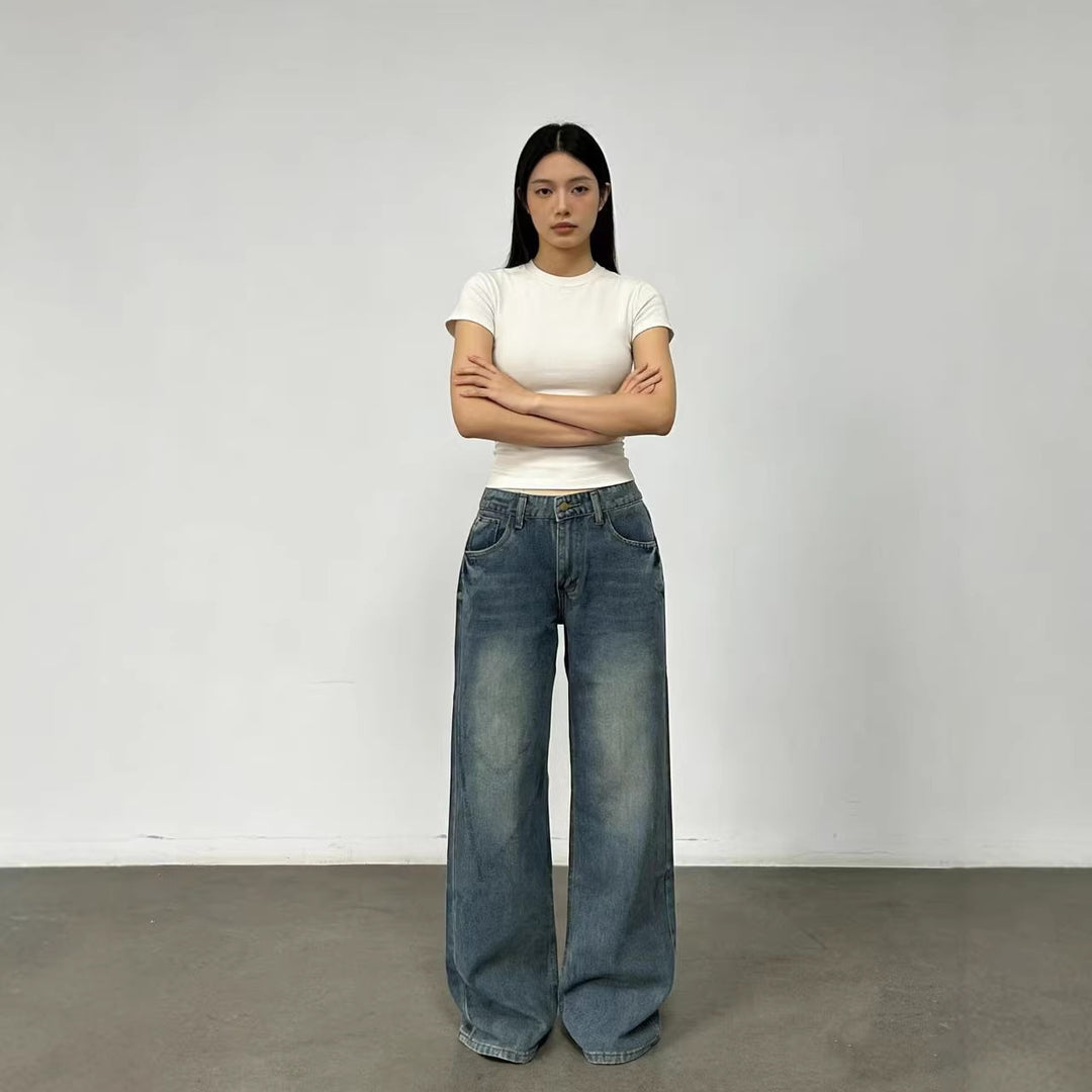 Dame brede høyhals jeans med avslappet passform og individuelle vasker Skjora
