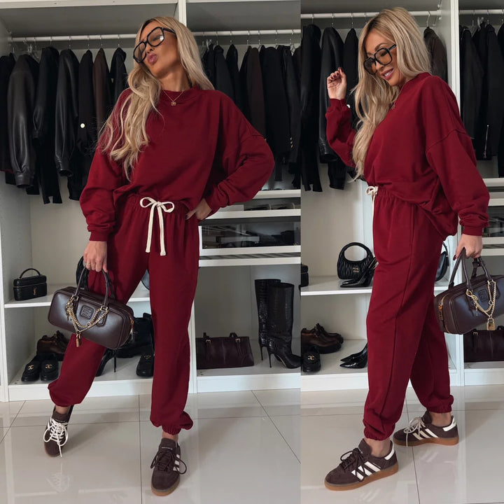 Kvinne Komfortabel Fleece Loungewear Sett med Elastisk Midjebånd Skjora