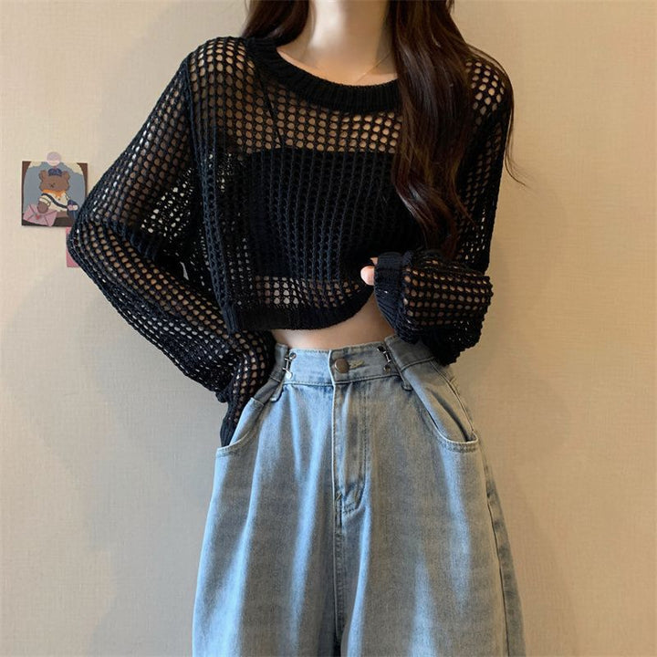 Kvinnens mesh genser med trendy crop design Skjora