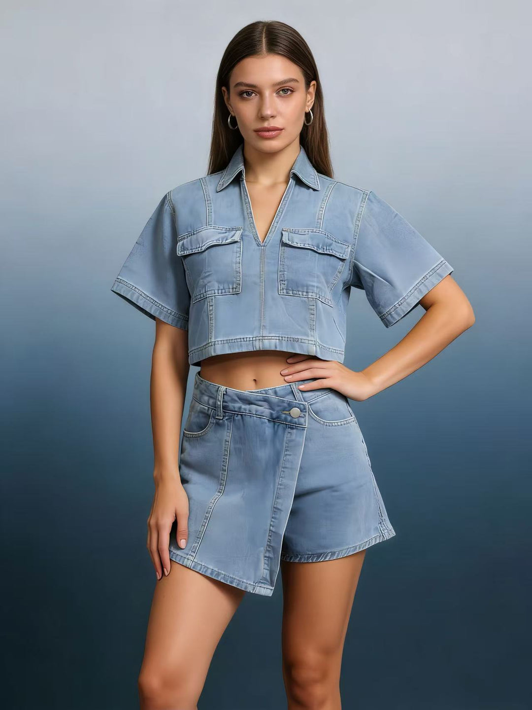 Dame moderne cropped skjorte med påsydd lommer og casual shorts Skjora
