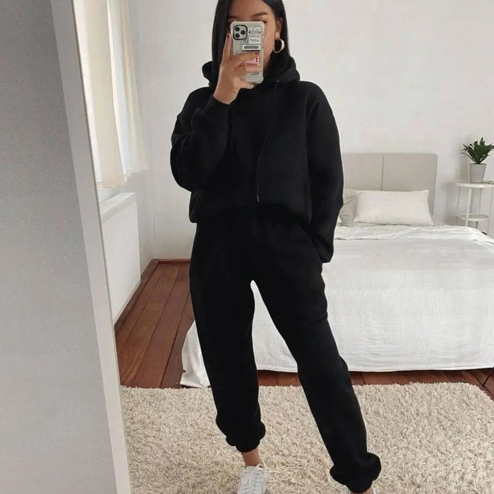 Dame sporty fleece joggesett med hette og elastisk midje Skjora
