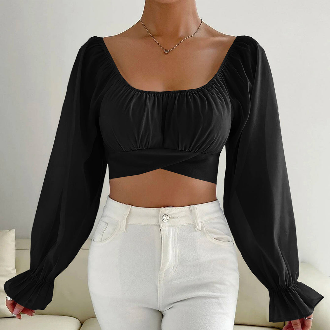 Dame Cropped Bluse med puffede ermer og raffinerte snitt Skjora