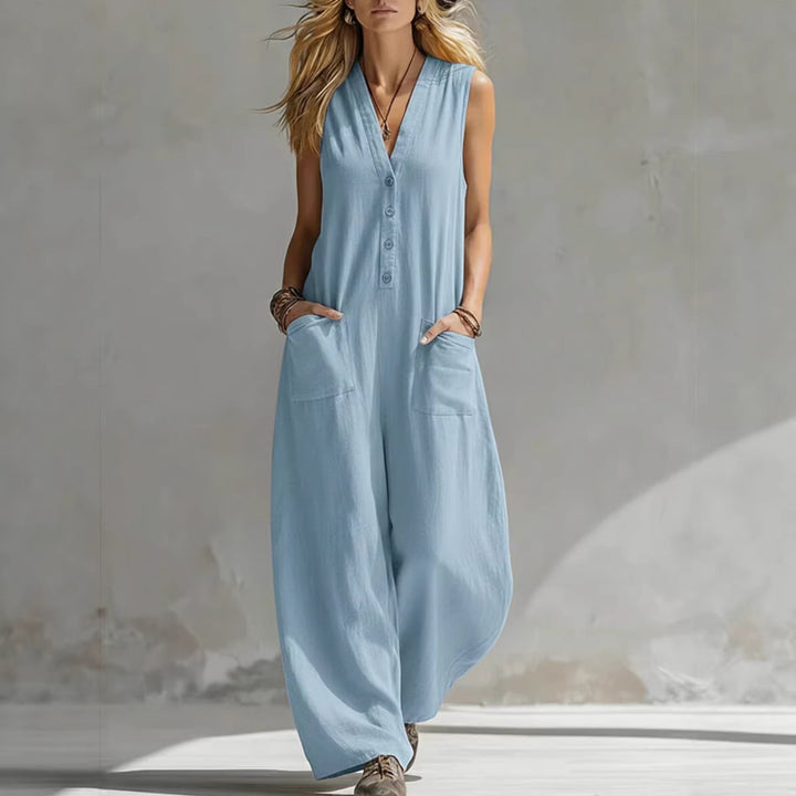 Dame jumpsuit med dyp V-halsing og praktiske lommer Skjora