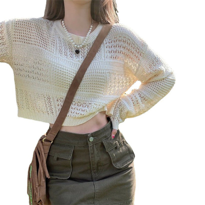 Damer Casual Mesh Genser med Vide Ermer og Rund Utringning Skjora