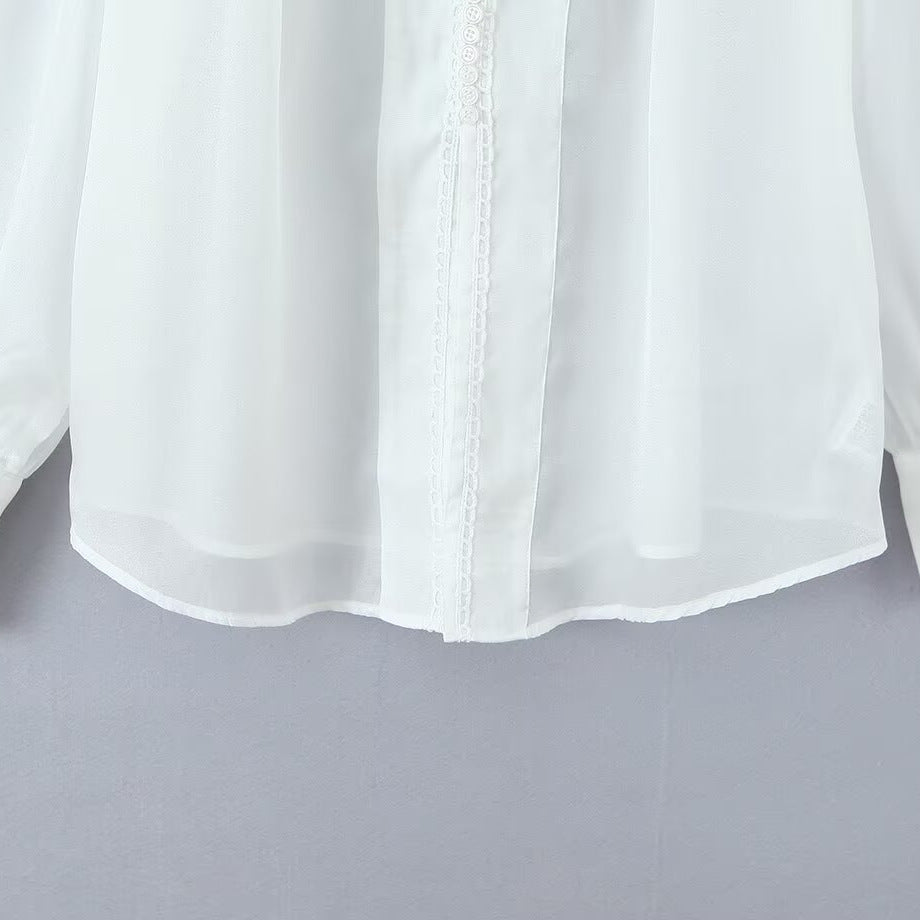 Dame elegant chiffonbluse med raffinerte puffærmer og edel krage Skjora