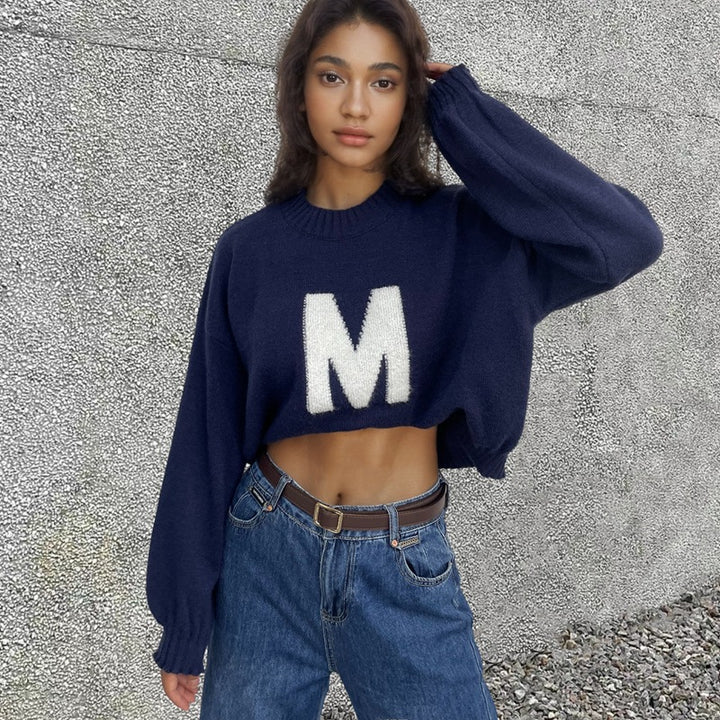 Damer Oversized Strikkegenser med Unik Frontdesign Skjora