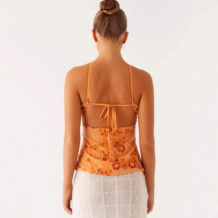 Damer Glitrende Bustier Topp med Blomsterdesign og Glitrende Applikasjoner Skjora