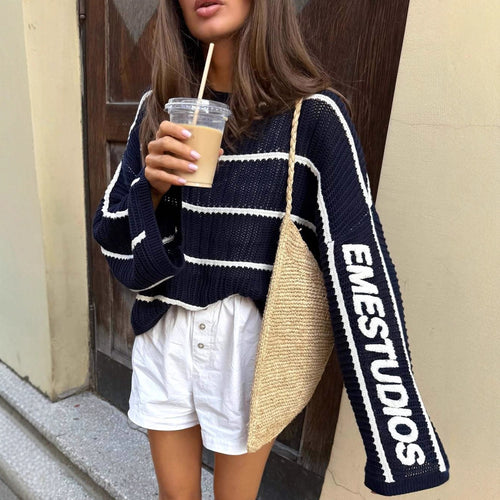 Damer oversized strikket genser med stripemønster og kreativ tekst Skjora